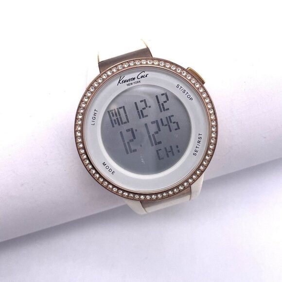 Kenneth Cole Rhinestone Digital Round Watch Unisex White Rubber Band - Picture 1 of 5